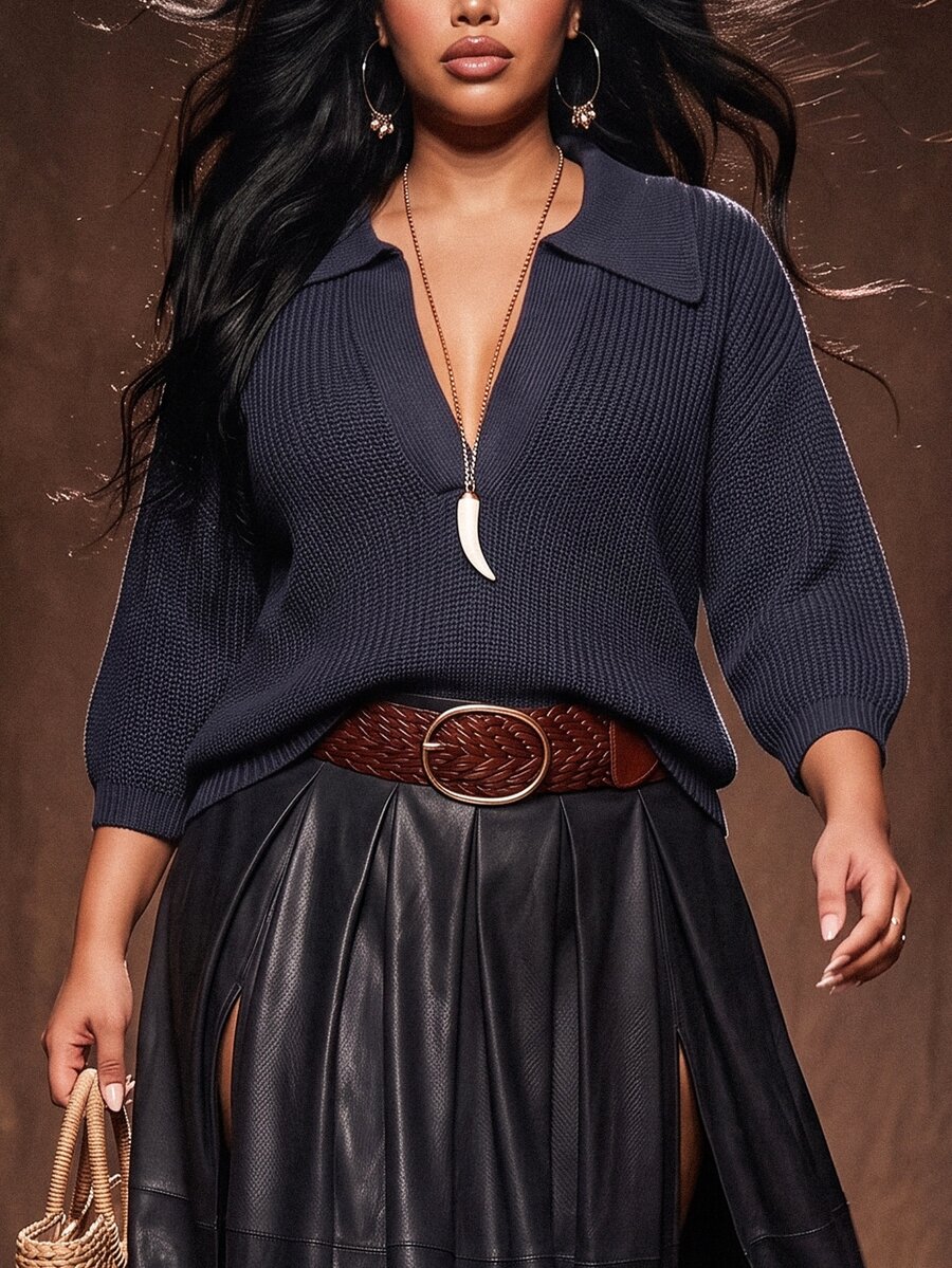 Ceyna Y2K Plus Size Vintage Deep V-Neck Short Sleeve Fashion Pullover Sweater, Suitable For Autumn/Winter Daily Wear - Navy Blue - View 1