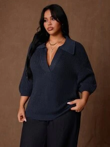Ceyna Y2K Plus Size Vintage Deep V-Neck Short Sleeve Fashion Pullover Sweater, Suitable For Autumn/Winter Daily Wear - Navy Blue - View 8