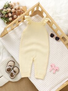 SHEIN 1件女嬰黃色荷葉邊肩帶連身褲，精緻刺繡連身衣，嬰兒針織連身褲，時尚甜美穿搭 - 淡黃色 - 查看 2