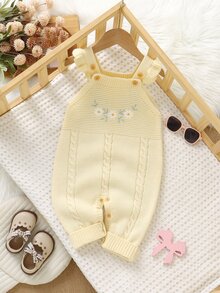 SHEIN 1件女嬰黃色荷葉邊肩帶連身褲，精緻刺繡連身衣，嬰兒針織連身褲，時尚甜美穿搭 - 淡黃色 - 查看 7