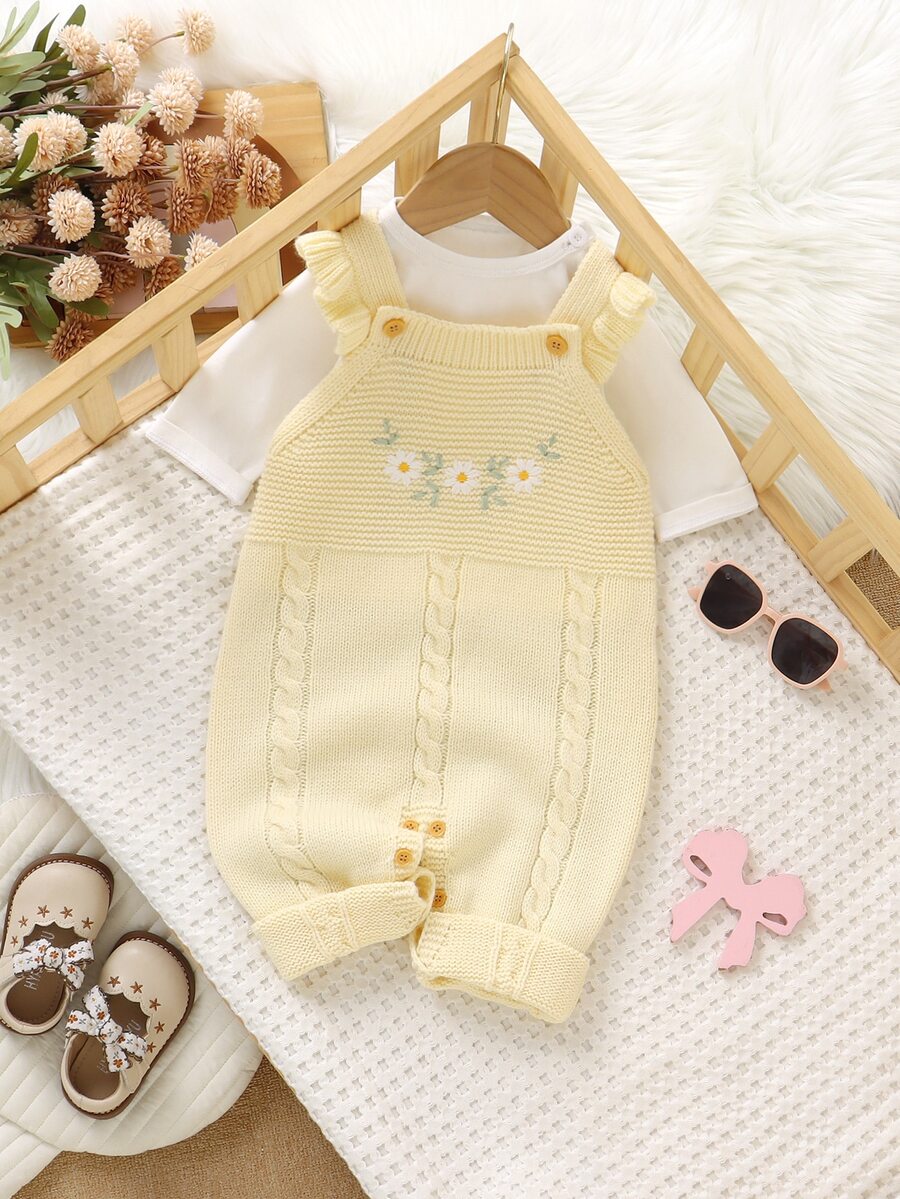 SHEIN 1pc Baby Girls Yellow Ruffle Strap Romper, Exquisite Embroidered Jumpsuit, Baby Sweater Jumpsuit, Fashionable Sweet Wear - Light Yellow - View 1