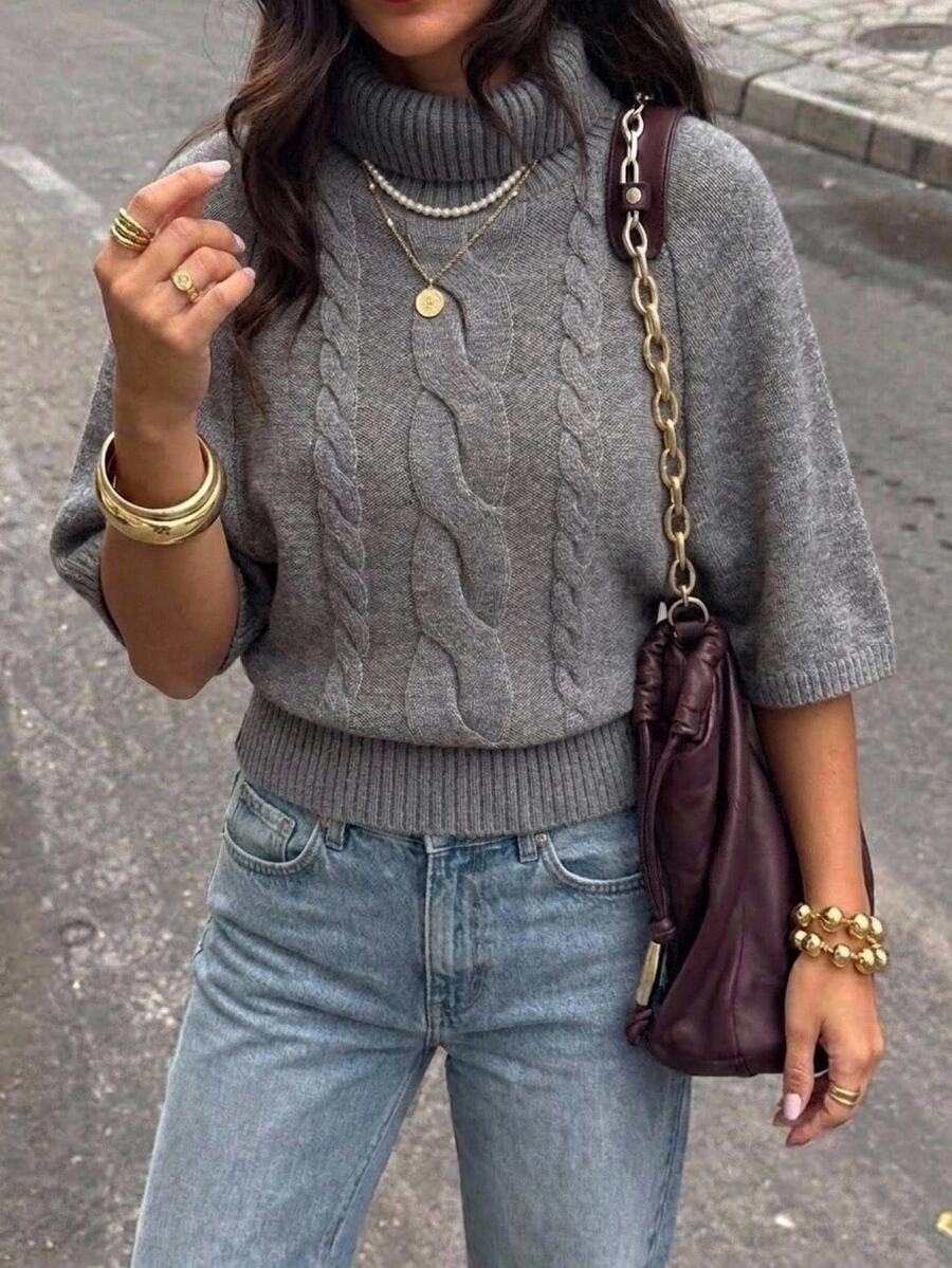 Aloruh Women's Solid Color Casual Versatile Everyday Sweater Office Brunch Light Grey Autumn - Grey - View 1