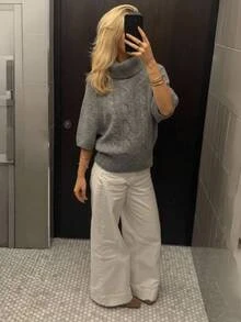 Aloruh Women's Solid Color Casual Versatile Everyday Sweater Office Brunch Light Grey Autumn - Grey - View 3