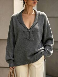 SHEIN Women's Solid Color Dropped Shoulder Long Sleeve Frog Button Design Sweater - Dark Grey - View 2