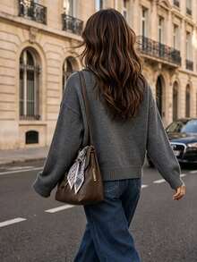 SHEIN Women's Solid Color Dropped Shoulder Long Sleeve Frog Button Design Sweater - Dark Grey - View 3