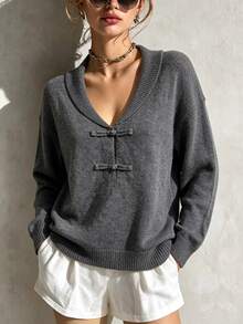 SHEIN Women's Solid Color Dropped Shoulder Long Sleeve Frog Button Design Sweater - Dark Grey - View 5