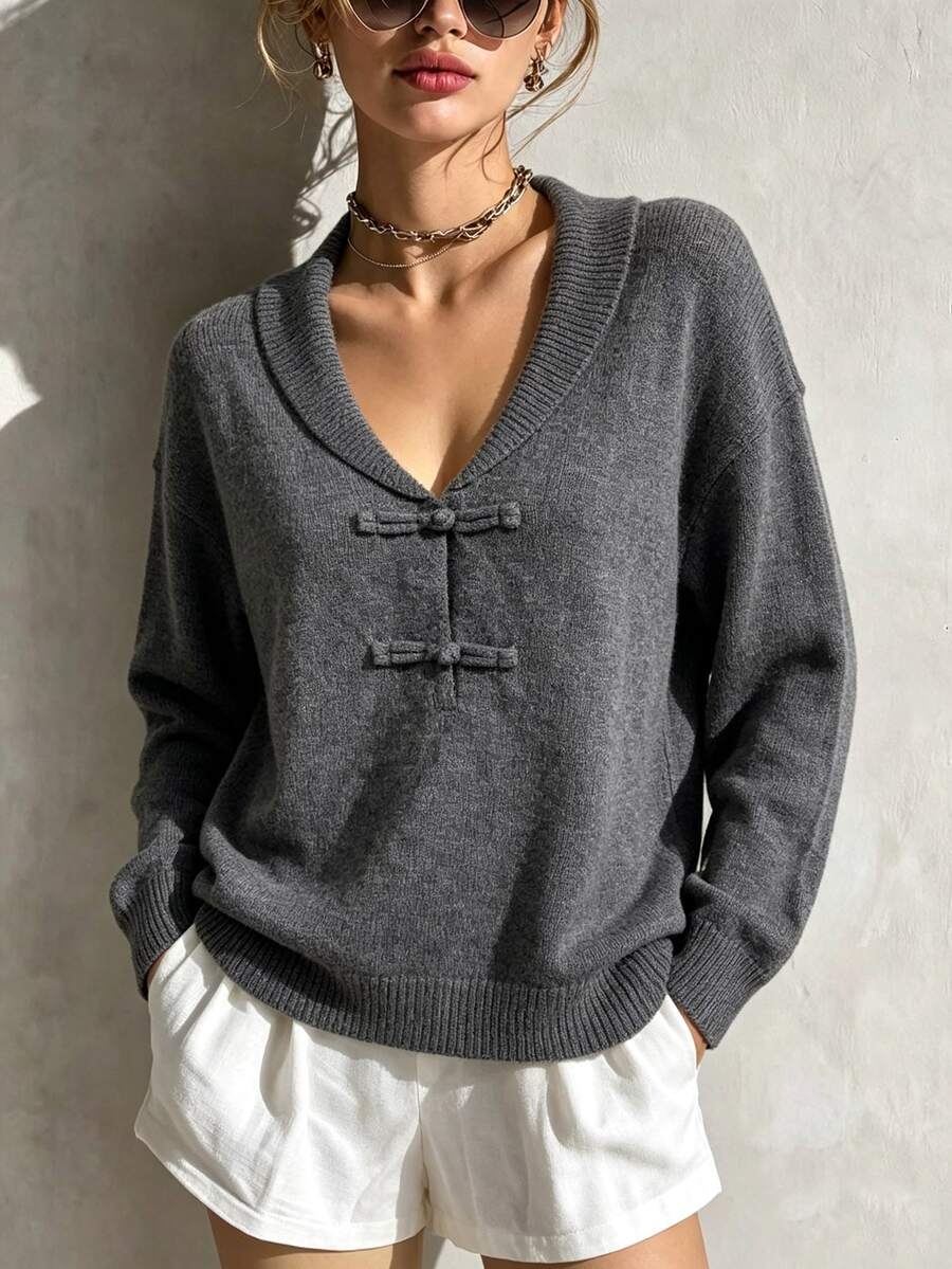 SHEIN Women's Solid Color Dropped Shoulder Long Sleeve Frog Button Design Sweater - Dark Grey - View 1