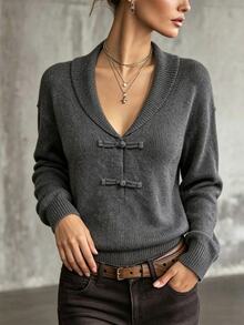 SHEIN Women's Solid Color Dropped Shoulder Long Sleeve Frog Button Design Sweater - Dark Grey - View 4