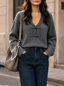 SHEIN Women's Solid Color Dropped Shoulder Long Sleeve Frog Button Design Sweater - Dark Grey - View 6