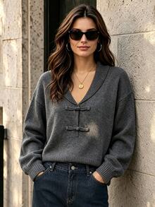 SHEIN Women's Solid Color Dropped Shoulder Long Sleeve Frog Button Design Sweater - Dark Grey - View 7