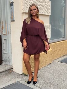 Jeta Ari 女士咖啡棕色不对称肩部宽松喇叭袖迷你连衣裙，性感度假雪纺连衣裙，飘逸不对称袖连衣裙，度假连衣裙，春夏服装，优雅，通勤，约会，波西米亚风，度假，海滩，舒适 - 棕色 - 查看 3