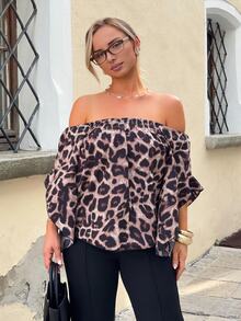 Jeta Ari Women's Leopard Print Off Shoulder Flare Sleeve Fashion Blouse - Multicolor - View 4
