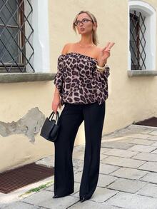 Jeta Ari Women's Leopard Print Off Shoulder Flare Sleeve Fashion Blouse - Multicolor - View 3