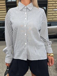 Jeta Ari 女士条纹单排扣休闲百搭日常长袖衬衫 - 黑與白 - 查看 4