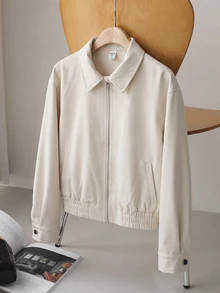 SHEIN 青少年女孩拉鍊式PU皮革夾克 - 白色 - 查看 10