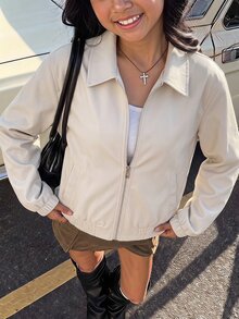 SHEIN 青少年女孩拉鍊式PU皮革夾克 - 白色 - 查看 1