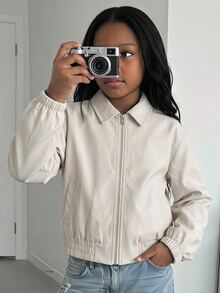 SHEIN 青少年女孩拉鍊式PU皮革夾克 - 白色 - 查看 11