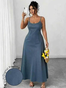 Elenzga Plus Size Minimalist Blue Spaghetti Strap Dress - Multicolor - View 1
