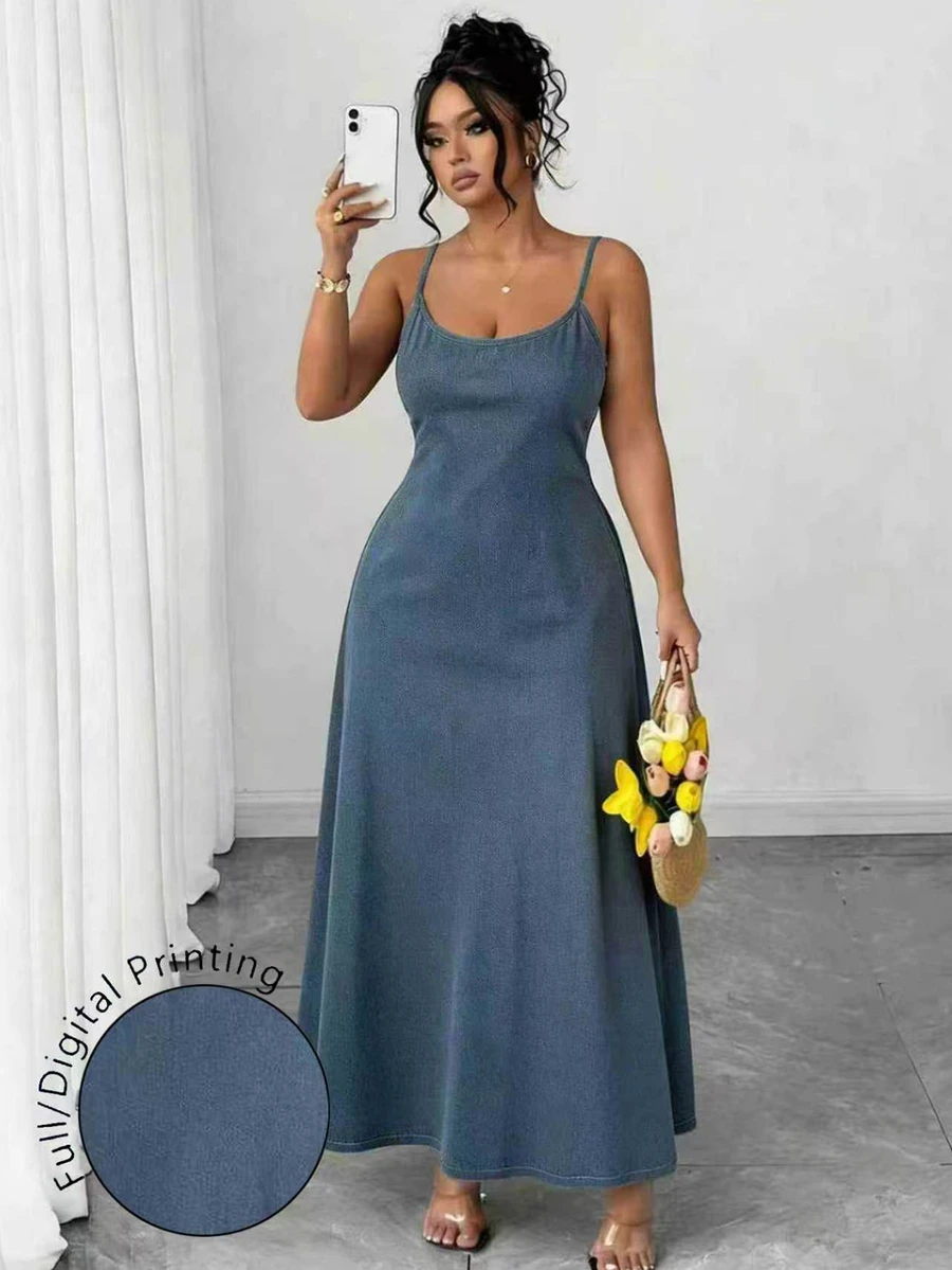 Elenzga Plus Size Minimalist Blue Spaghetti Strap Dress - Multicolor - View 1