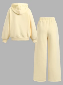 SHEIN 青少年女孩兒童休閒時尚奶油多巴胺黃色保暖內裡貼布口袋刺繡開襟運動外套與運動長褲2件套，Y2K年輕時尚套裝，適合返校與日常穿著 - 黃色 - 查看 3