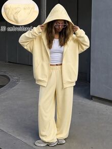SHEIN 青少年女孩兒童休閒時尚奶油多巴胺黃色保暖內裡貼布口袋刺繡開襟運動外套與運動長褲2件套，Y2K年輕時尚套裝，適合返校與日常穿著 - 黃色 - 查看 5