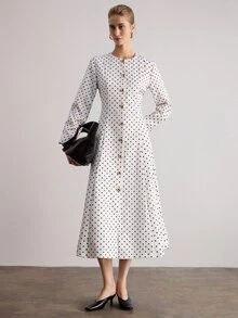 Aveloria Modichic Elegant French Vintage Commuter Brunch Office Sophisticated Chic Design High-End Women's Long Dress White And Black Polka Dot Summer - Multicolor - View 4