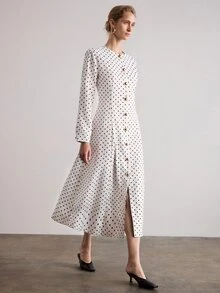 Aveloria Modichic Elegant French Vintage Commuter Brunch Office Sophisticated Chic Design High-End Women's Long Dress White And Black Polka Dot Summer - Multicolor - View 2