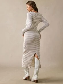Boho Mama Gaun Hamil Bergaris Leher V Lengan Panjang dengan Hiasan Rumbai dan Belahan Samping untuk Musim Gugur Gaya Country Western - Khaki - View 4