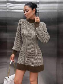 EURMUSE Damen asymmetrisches gestreiftes strickdesign ballonärmeliges Sweaterkleid - Verschiedenfarbig - Übersicht 3