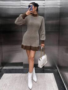 EURMUSE Damen asymmetrisches gestreiftes strickdesign ballonärmeliges Sweaterkleid - Verschiedenfarbig - Übersicht 4