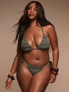 MUSERA Plus Size Stripe Patterned Triangle Bikini Top Only Spring Summer Easter Beach Holiday Vacation Elegant Travel Swim Beachwear Terra Sol - Green - View 6