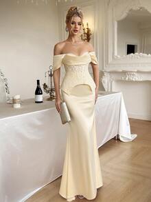 Modelyn Women's Off-Shoulder Mermaid Hem Contrast Lace Evening Dress - Apricot - View 6