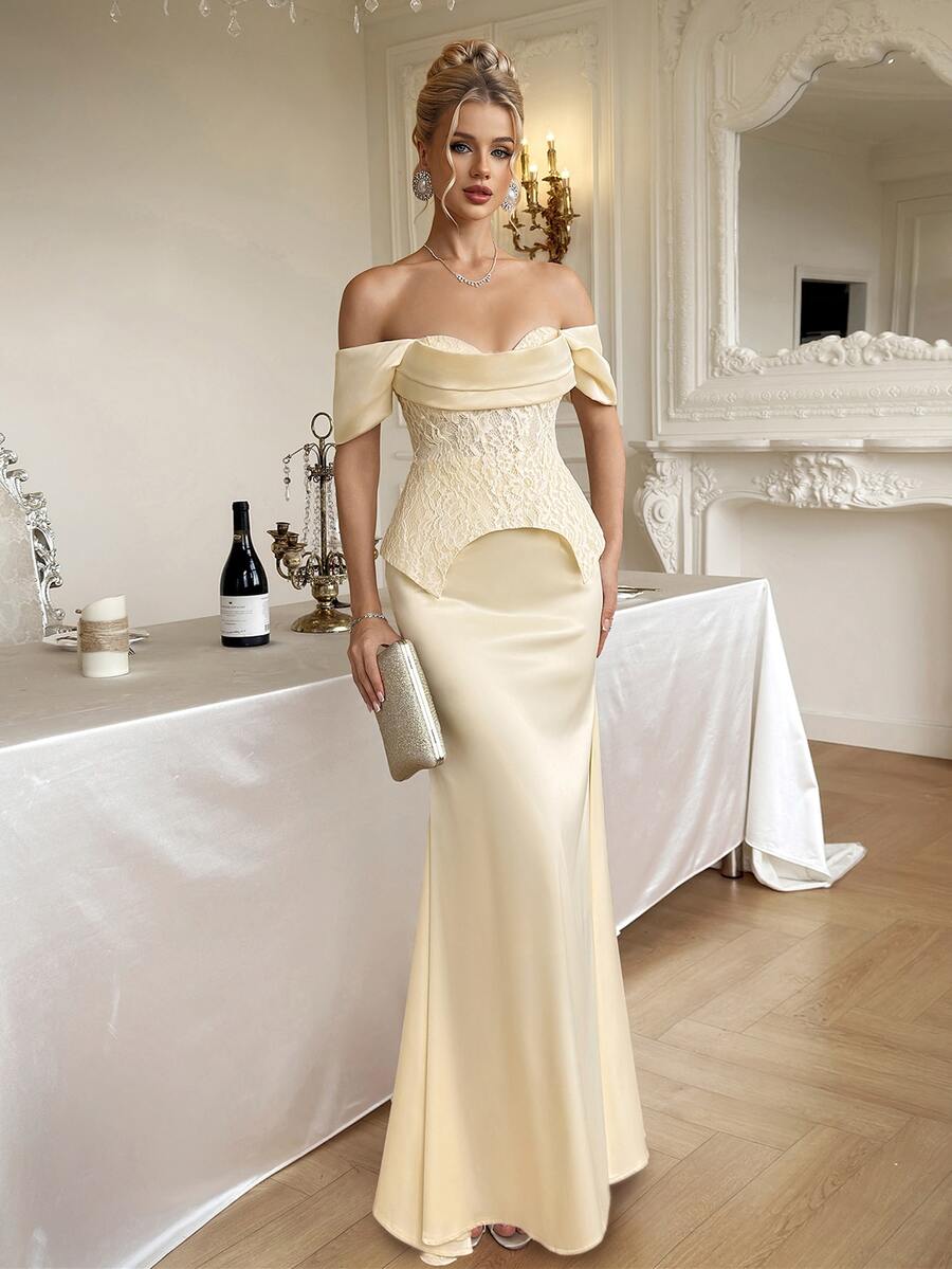 Modelyn Women's Off-Shoulder Mermaid Hem Contrast Lace Evening Dress - Apricot - View 1