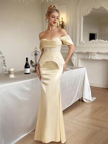 Modelyn Women's Off-Shoulder Mermaid Hem Contrast Lace Evening Dress - Apricot - View 4