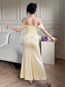 Modelyn Women's Off-Shoulder Mermaid Hem Contrast Lace Evening Dress - Apricot - View 3