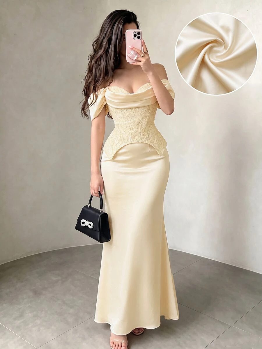 Modelyn Women's Off-Shoulder Mermaid Hem Contrast Lace Evening Dress - Apricot - View 1