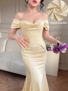 Modelyn Women's Off-Shoulder Mermaid Hem Contrast Lace Evening Dress - Apricot - View 2