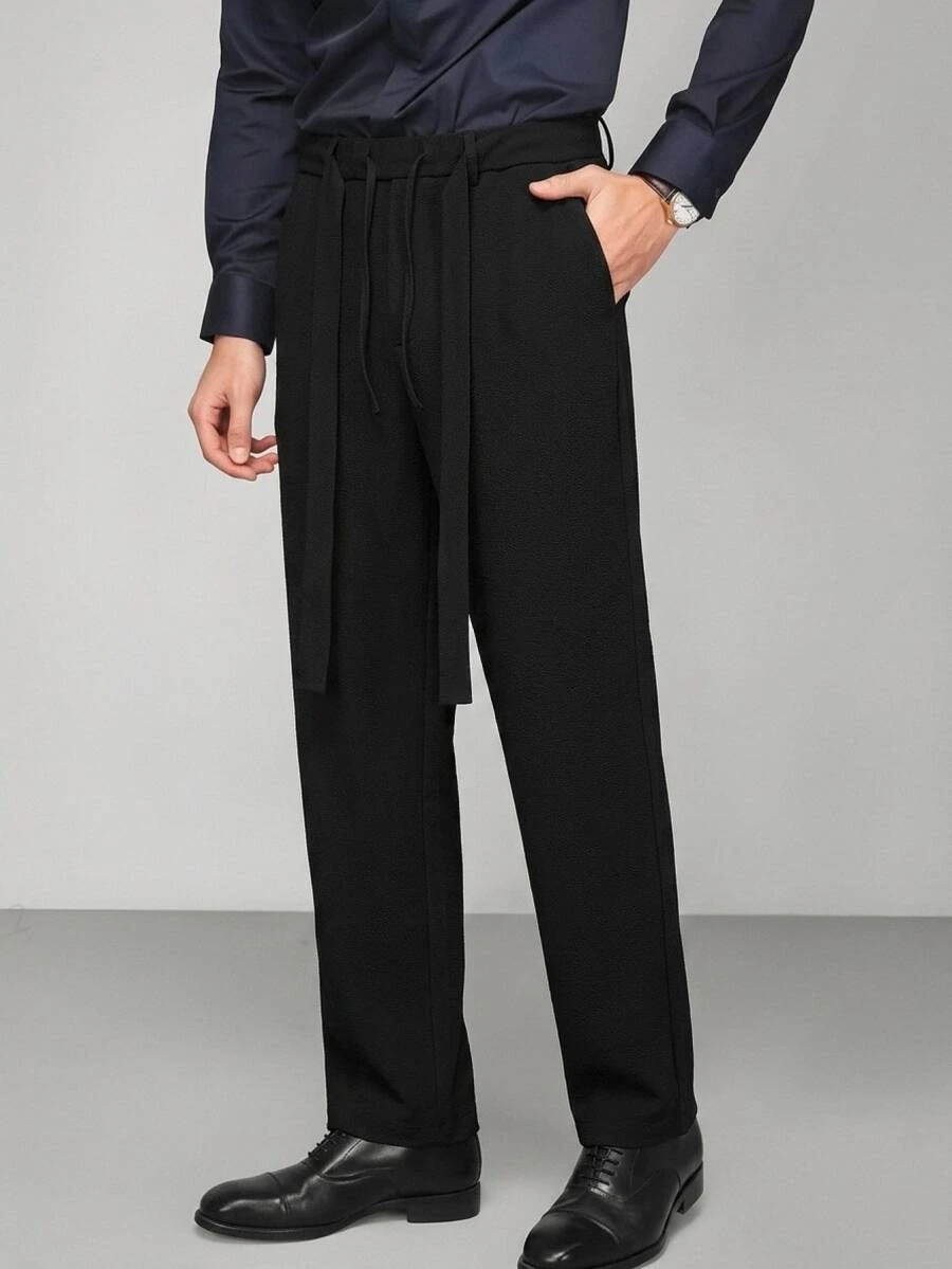 Manfinity RebelGame Men's Casual Versatile Solid Color Long Pants With Belt Vacation Black Autumn - Black - View 1