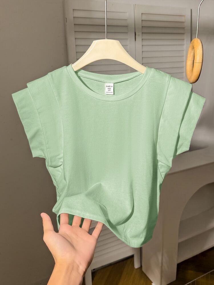 SHEIN Tween Girl Spring/Summer Casual White Round Neck Wide T-Shirt, Suitable For Daily Casual Wear, White Top - Green - View 7