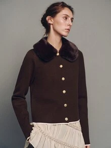 MOTF PREMIUM WOMEN'S PLUSH FUR COLLAR DECORATED OPEN FRONT KNIT SWEATER - Coffee Brown - View 1