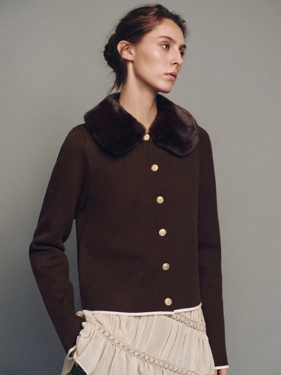 MOTF PREMIUM WOMEN'S PLUSH FUR COLLAR DECORATED OPEN FRONT KNIT SWEATER - Coffee Brown - View 1