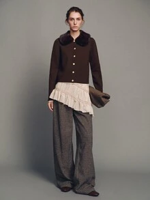 MOTF PREMIUM WOMEN'S PLUSH FUR COLLAR DECORATED OPEN FRONT KNIT SWEATER - Coffee Brown - View 3