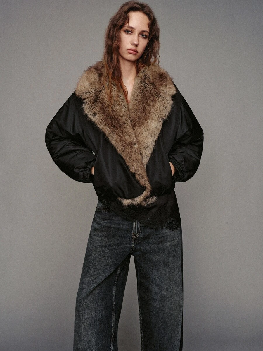MOTF PREMIUM FAUX FUR OVERSIZED COLLAR SHORT PADDED COAT - Black - View 1
