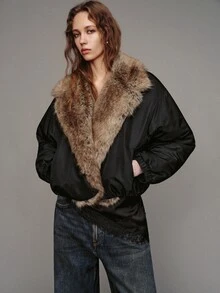 MOTF PREMIUM FAUX FUR OVERSIZED COLLAR SHORT PADDED COAT - Black - View 5