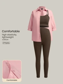 Modmama Set Pakaian Hamil Kasual Musim Gugur: Kemeja Lengan 3/4 Kancing Tunggal Warna Polos, Atasan Camisole, dan Legging - MultiWarna - View 4