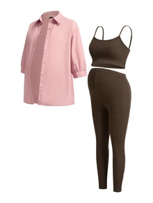 Modmama Set Pakaian Hamil Kasual Musim Gugur: Kemeja Lengan 3/4 Kancing Tunggal Warna Polos, Atasan Camisole, dan Legging - MultiWarna - View 16
