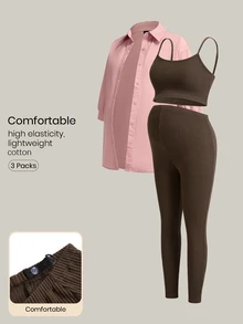 Modmama Set Pakaian Hamil Kasual Musim Gugur: Kemeja Lengan 3/4 Kancing Tunggal Warna Polos, Atasan Camisole, dan Legging - MultiWarna - View 18