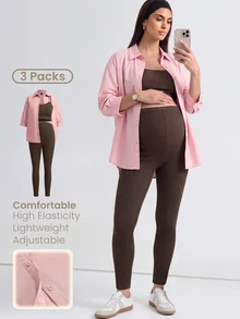Modmama Set Pakaian Hamil Kasual Musim Gugur: Kemeja Lengan 3/4 Kancing Tunggal Warna Polos, Atasan Camisole, dan Legging - MultiWarna - View 2