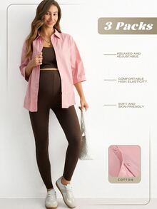 Modmama Set Pakaian Hamil Kasual Musim Gugur: Kemeja Lengan 3/4 Kancing Tunggal Warna Polos, Atasan Camisole, dan Legging - MultiWarna - View 3