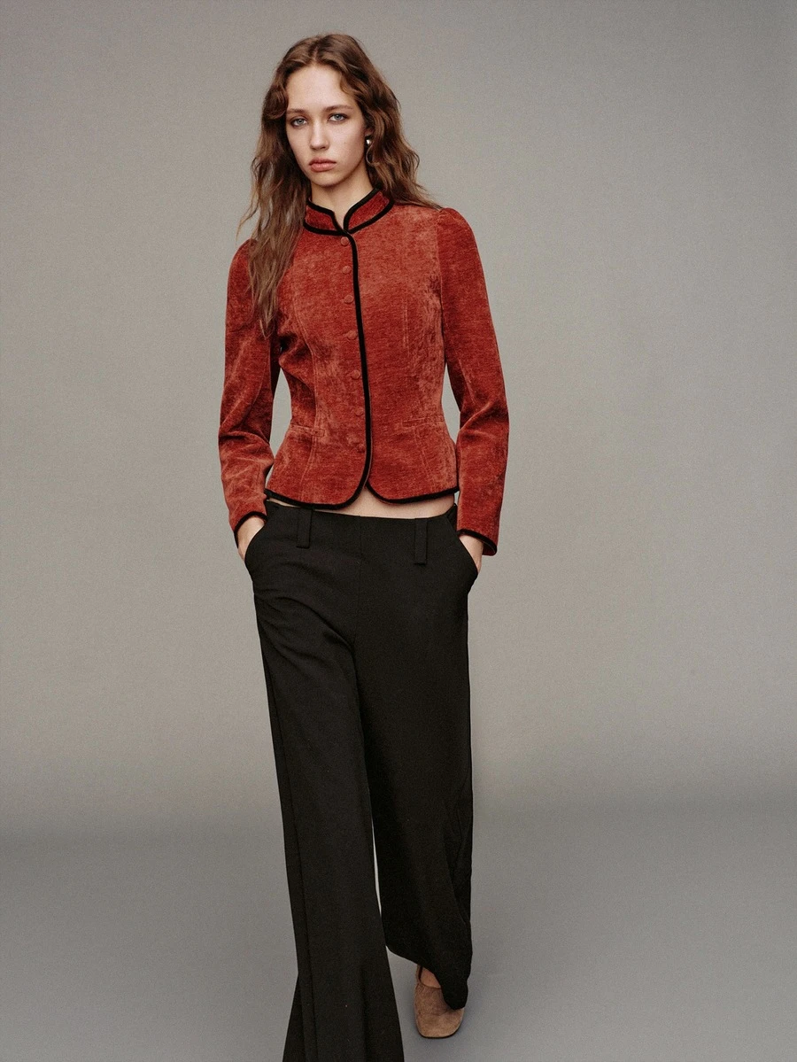 MOTF PREMIUM Chinese Style Stand Collar Contrast Trim Fitted Short Jacket - Rust Brown - View 1